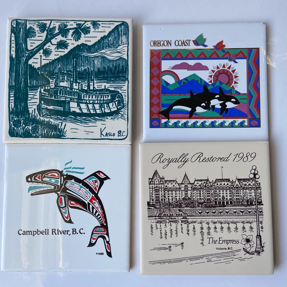 4 Unique Westcoast sketch Tile Art - Oregon, Victoria, Kaslo, Campbell River